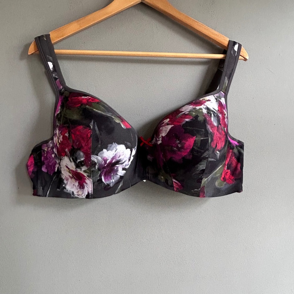 Cacique Smooth Balconette Bra 44D Dark Floral Underwire Padded Gray Pink